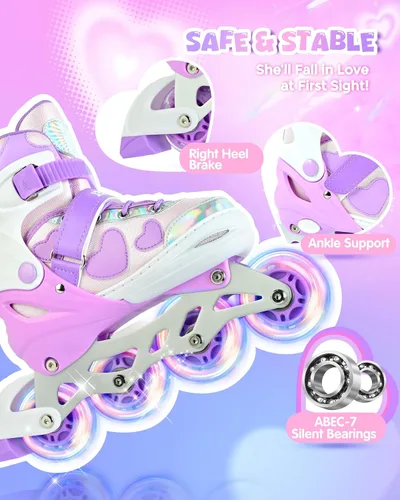 Miniatura 5 de SULIFEEL Love Hearts - Patines en línea ajustables de 4 tamaños para niñas con pompones esponjosos, ruedas iluminadas de 3 a 12 años, regalo