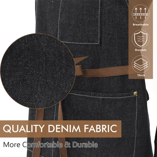 Miniatura 4 de ROTANET Delantal de trabajo de mezclilla con 3 bolsillos, delantales para chef, estilista, cocina, carpintería, para hombres y mujeres, azul y negro