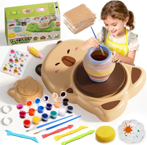Skirfy Mini Kit de Máquina de Torno de Alfarería para Principiantes Niños con Luz, Torno Eléctrico de Cerámica con Pedal de Pie y Kit de Pintura,