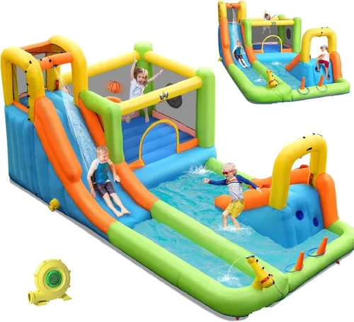 Miniatura 8 de BOUNTECH Tobogán acuático inflable, 7 en 1 doble tobogán para niños, parque acuático para niños, toboganes de agua inflables para exteriores