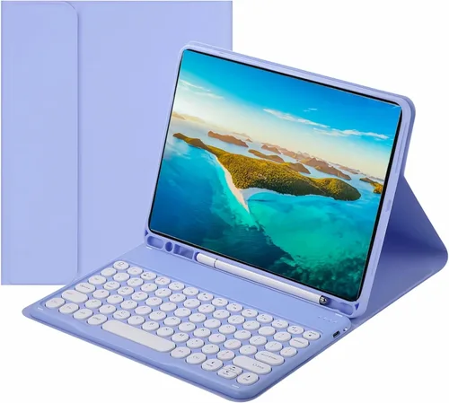 Funda de teclado para Galaxy Tab A8 de 10.5 pulgadas, funda con soporte de teclas redondas delgadas de colores caramelo lindos con soporte para S