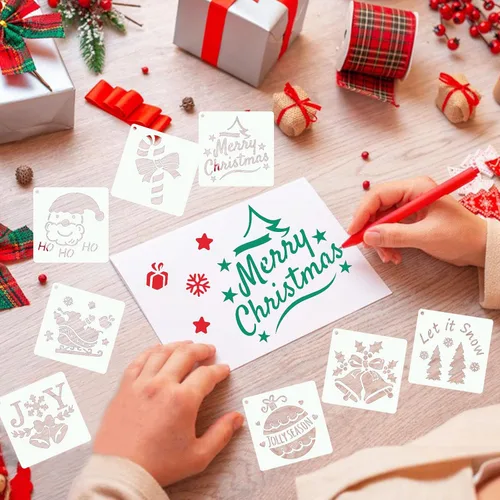Miniatura 4 de YEAJON 25 plantillas pequeñas de Navidad de 3 x 3 pulgadas para pintar en madera, tela, papel, ventanas, tarjetas, adornos de bricolaje, plantillas