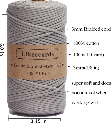 Miniatura 2 de Cordón de algodón trenzado de 0.11 pulgadas x 109 yardas, cuerda de algodón para macramé natural, estilo bohemio, para colgar plantas hechas a mano