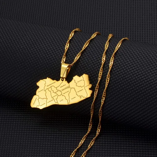 Miniatura 2 de YUANYIRAN Mapa de El Salvador Colgante Collares - Collar de cadena étnica africana delgada, color dorado, bandera de mapas patrióticos, joyería Hip