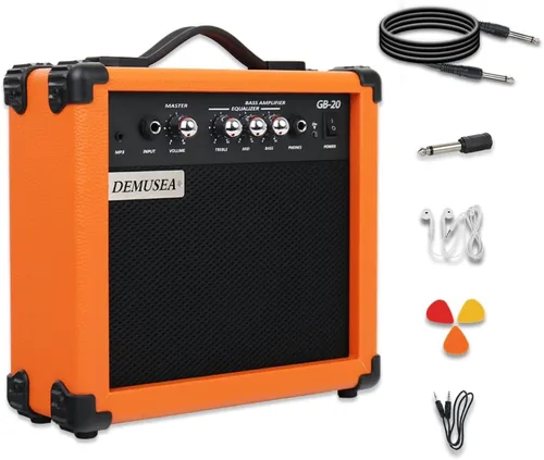 Miniatura 8 de Amplificador de Guitarra Bajo Eléctrico Azul Oscuro de 20W Portátil de Viaje Mini Amplificador de Práctica Conector para Auriculares Aux Agudos