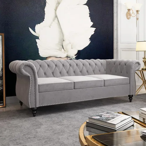 Miniatura 13 de QHITTY Sofá de Acento, Sofá Biplaza Chesterfield Moderno de Terciopelo, Sofá Tapizado con Respaldo Capitoné para Muebles de Sala de Estar (Gris)