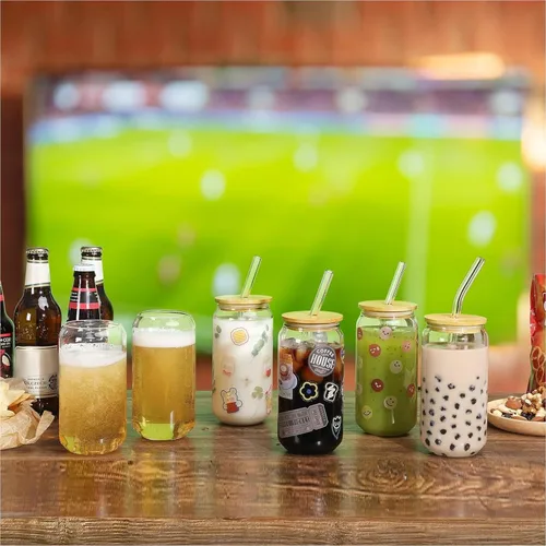 Miniatura 3 de NETANY Juego de 8 piezas: vasos para beber con tapas de bambú y popote de vidrio, vasos de vidrio de 16 onzas, vasos de cerveza, vasos de café
