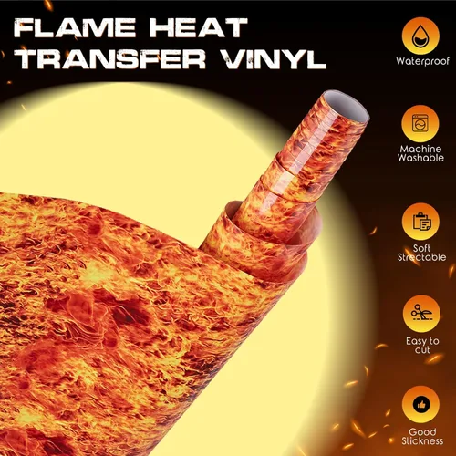 Miniatura 2 de Tintnut Rollo de vinilo de transferencia de calor HTV que brilla en la oscuridad, 12 pulgadas x 5 pies, estampado de fuego ardiente naranja