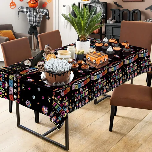 Miniatura 6 de 2 Piezas Mantel del Día de los Muertos - Mantel de Plástico Dia De Los Muertos, Mantel Desechable con Calavera de Azúcar Floral Cubierta de Mesa