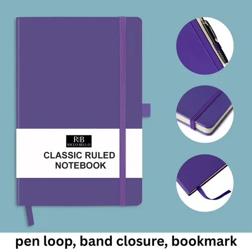 Miniatura 2 de RICCO BELLO Cuaderno de Diario Rayado con Soporte para Bolígrafo, Tapa Dura de Piel Sintética, Rayado Universitario, para Trabajo, Notas 96 Púrpura