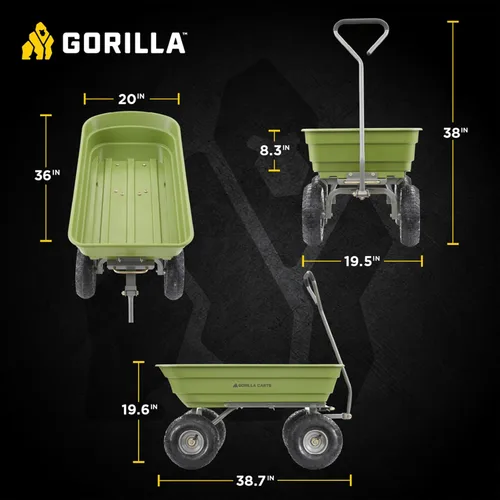 Miniatura 4 de Gorilla Carts Poly Garden Carro Volquete, Contenedor de 4 Pies Cúbicos, Capacidad de Transporte de 600 Libras, Verde – Vagón Utilitario de Servicio