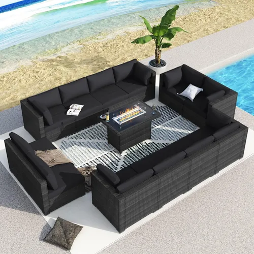 Miniatura 54 de BULEXYARD Juego de 7 piezas de sofá seccional para exteriores con respaldo alto, mesa para fogatas, juego de muebles de patio de mimbre resistente a