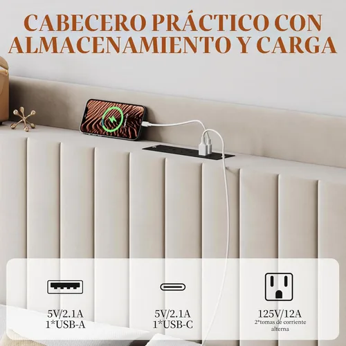 Miniatura 4 de Yaheetech Base de cama tamaño Queen con estación de carga USB y estante de almacenamiento/plataforma de cabecera tapizada con lado de ala/soporte