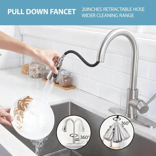 Miniatura 2 de VCCUCINE Grifo de Cocina con Rociador Desplegable, Grifo de Níquel Cepillado para Fregadero de Cocina, Grifo de Fregadero de Cocina RV de Acero