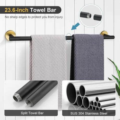 Miniatura 2 de TQKAG Juego de accesorios de baño negro y dorado de 5 piezas, juego de toalleros redondos de acero inoxidable de 23.6 pulgadas para baño montado