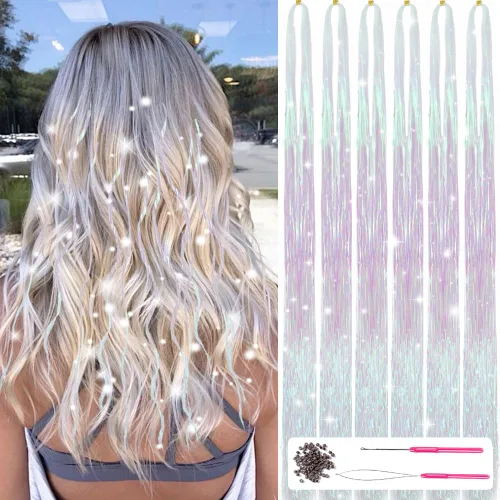 Miniatura 11 de Kit de oropel para el cabello con herramientas de 47 pulgadas, 1200 hebras de extensiones de cabello de oropel con purpurina, kit de mechones