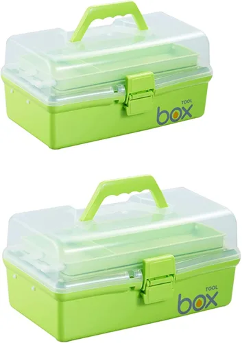 Miniatura 8 de Kinsorcai Caja de almacenamiento de plástico transparente de tres capas de 12 pulgadas con asa, caja de herramientas para manualidades, caja de Rosa