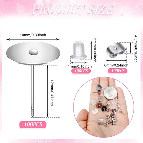 Miniatura 2 de TOAOB - 300 postes y respaldos de aretes de acero inoxidable plateado, hipoalergénicos, de 0.394 pulgadas, con goma transparente y parte trasera