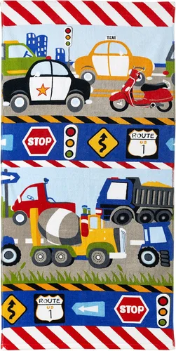 dream FACTORY Trains and Trucks - Toalla de baño para niños, 20 x 30 pulgadas, 100% algodón, diseño amarillo de coches y camiones