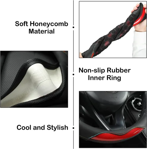 Miniatura 5 de Funda de volante roja de nido de abeja 3D, funda de volante de cuero transpirable y antideslizante de 37-38 cm para hombres y mujeres
