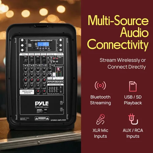 Miniatura 5 de Pyle - Paquete de bocina PA y mezclador DJ - Sistema de sonido inalámbrico Bluetooth portátil de 300 W con entradas USB SD XLR 1/4" RCA - Bocina