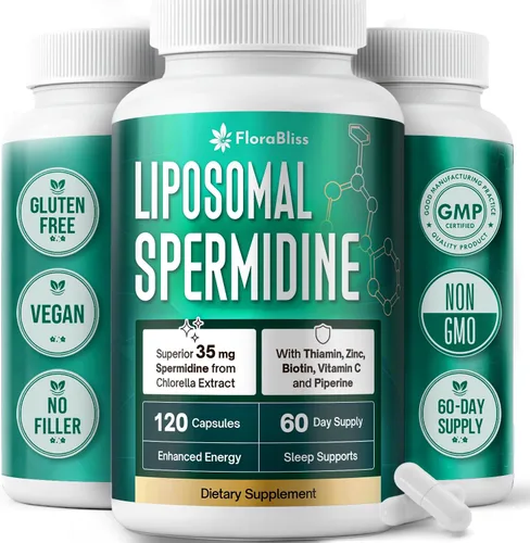 FloraBliss Suplemento de espermidina de 35 mg de Chlorella con tiamina, zinc, biotina y vitamina C | 120 cápsulas | Sin gluten | Suministro para 60