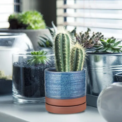 Miniatura 6 de HERDUK Macetas para plantas de 6 pulgadas, maceta de cerámica con orificio de drenaje y platillo, maceta cilíndrica redonda para Azul aguamarina