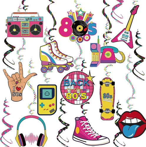 Decoraciones de cumpleaños de fiesta de los años 80 de vuelta a los 80 remolinos colgantes de techo, serpentinas retro de los 80, tema de los años