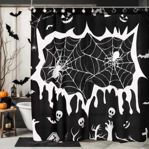 Miniatura 4 de EVENHUG Cortina de ducha de Halloween con ganchos, juego de cortina de ducha impermeable para baño, decoración temática de Halloween, 72 x 72