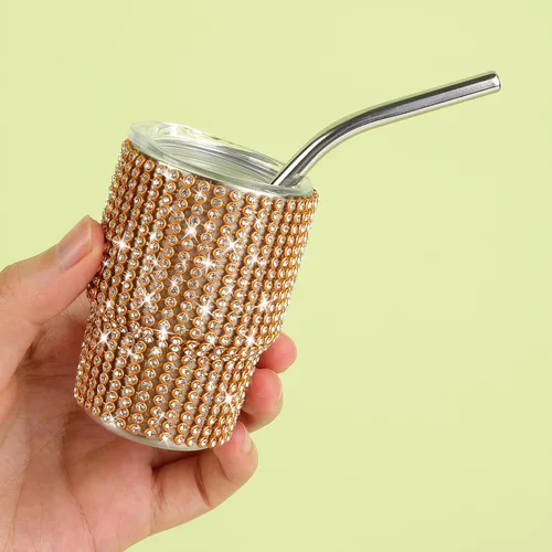 Miniatura 4 de INSTOME Vaso de chupito brillante de 3 onzas, mini tazas con tachuelas de diamantes de imitación con pajitas, brillo similar a un diamante para Oro