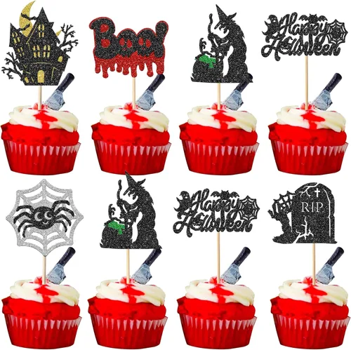 Miniatura 26 de Rsstarxi Paquete de 36 adornos para cupcakes de Halloween, murciélagos con purpurina, palitos de calabaza y calabazas, sombrero de bruja