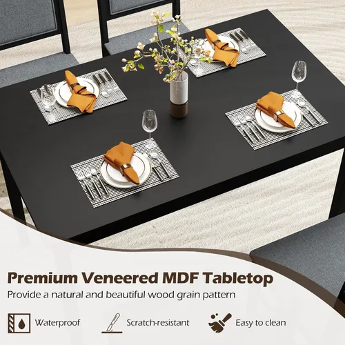 Miniatura 7 de Tangkula - Juego de mesa de comedor para 4, juego de comedor de madera maciza estilo granja con patas de madera de goma, asiento tapizado y respaldo