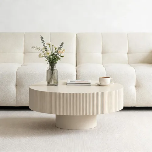 Miniatura 4 de Moderna mesa de centro redonda acanalada, mesa de centro de madera de tambor contemporáneo con base cilíndrica, mesa central circular para sala