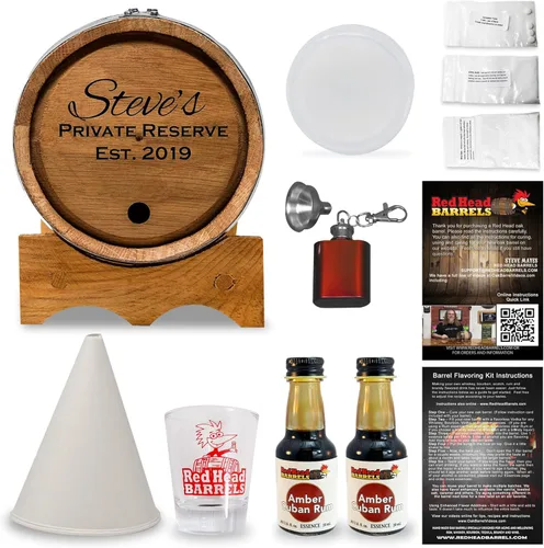 Red Head Barrels - Barril de envejecimiento de roble blanco americano grabado personalizado de 2 litros con juego de regalo saborizante, vaso de