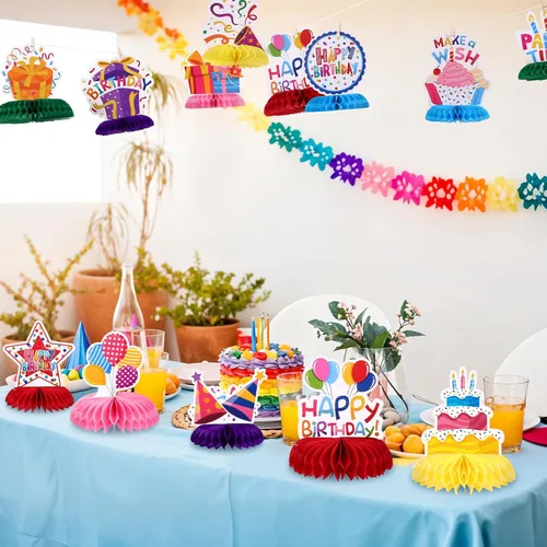 Miniatura 2 de NatNarr 12 piezas de decoración de mesa de cumpleaños, coloridos centros de mesa de feliz cumpleaños, centros de mesa de nido de abeja para niños