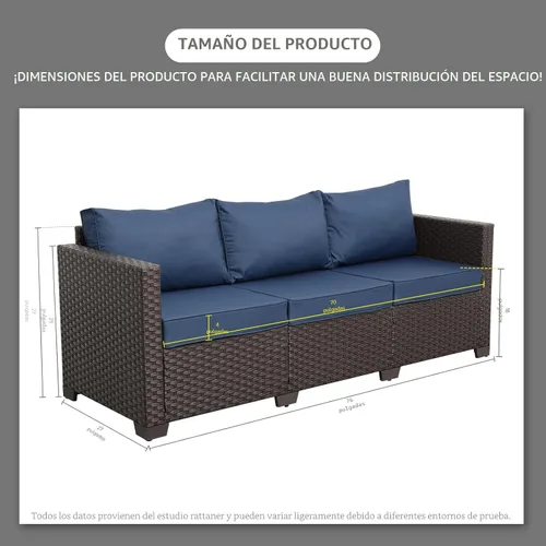Miniatura 3 de Rattaner Sofá de mimbre para patio de 3 asientos, muebles de sofá de ratán para exteriores con marco de acero con funda para muebles y asiento Azul