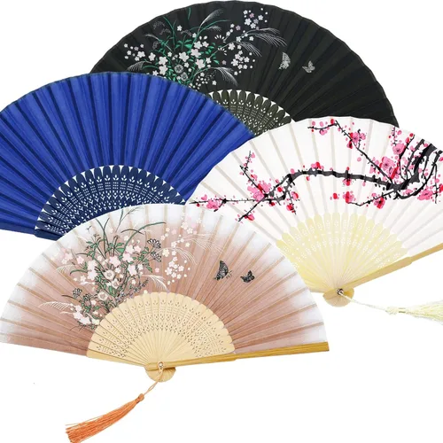 Miniatura 17 de Zonon Paquete de 4 abanicos plegables florales de mano, abanicos de bambú de seda con borla para mujer, ventilador plegable de mano ahuecado