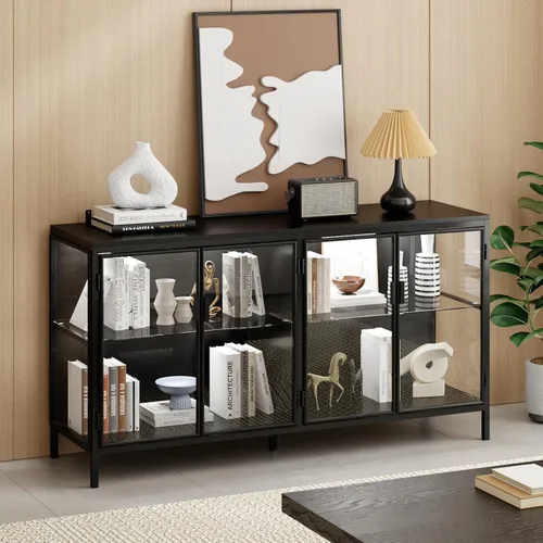 Miniatura 3 de FUFU&GAGA Aparador buffet con luces LED, puertas de cristal, vitrina moderna con estantes de cristal, armario negro con patas de metal, para sala