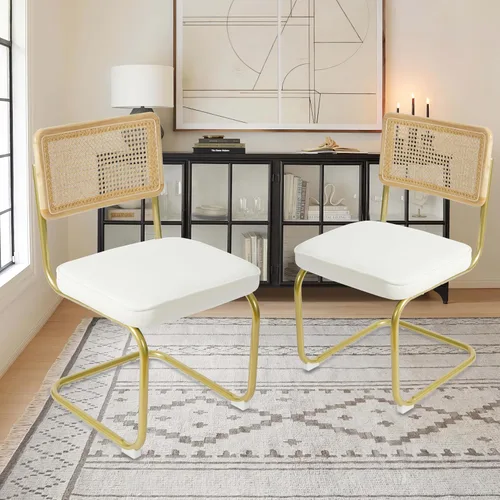 Miniatura 15 de CangLong Juego de 2 sillas de comedor de terciopelo, sillas de comedor de ratán con patas de metal y respaldo de ratán de malla natural, sillas