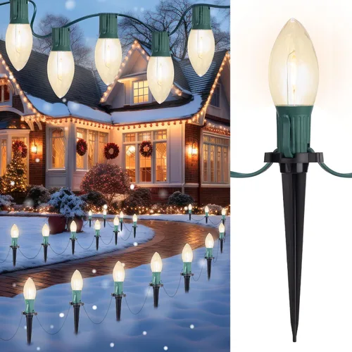 Luces LED C9 para camino, 2 juegos en total de 51.4 pies de luz de camino de Navidad con 40 bombillas y estacas, tira de luces extensibles Blanco
