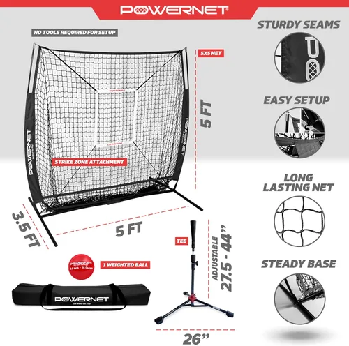 Miniatura 3 de PowerNet Baseball Net Bundle, 5x5 Travel Net With Softball Accessories for Hitting, Pitching, Training Equipment, Weighted Ball, Tee