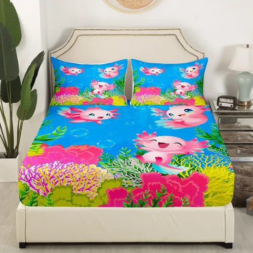 Miniatura 2 de Lindo juego de sábanas de ajolote, juego de sábanas de salamandra de dibujos animados para niños, juego de ropa de cama de mundo submarino