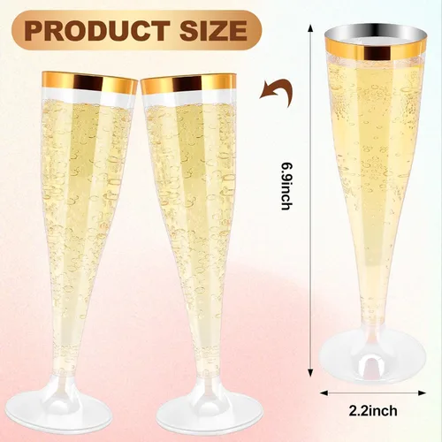 Miniatura 2 de Paquete de 100 copas de champán de plástico desechables, copas de champán de plástico con borde dorado, flauta de champán desechable transparente