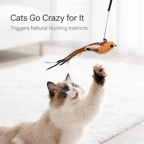 Miniatura 2 de 11 piezas de recargas realistas de juguetes de pájaros para gatos – Juguetes de plumas hechos a mano para gatos con campana, accesorios de varita