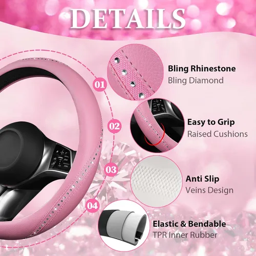 Miniatura 4 de CAR PASS Funda para Volante de Cuero Rosa con Diamantes de Imitación Brillantes, Piedras de Imitación Brillantes con Tachuelas Ajuste Universal 14