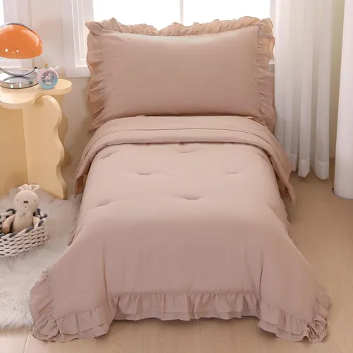 Miniatura 11 de Juego de ropa de cama para niñas pequeñas, 4 piezas con volantes dobles, suave y transpirable, juego de ropa de cama para cuna, incluye edredón Rosa