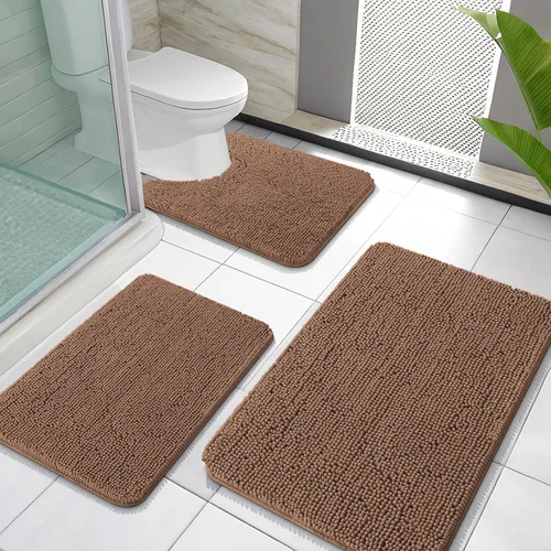 Miniatura 32 de OLANLY Juego de Alfombras de Baño de 3 Piezas, Tapetes de Baño de Chenilla Suave y Absorbente y Alfombra de Contorno en Forma de U para Inodoro