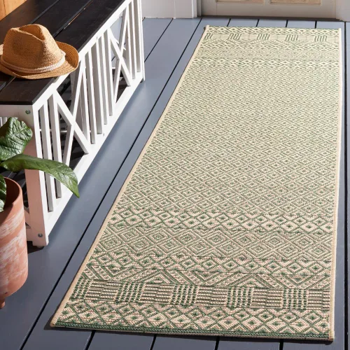 Miniatura 8 de SAFAVIEH Alfombra lavable para exteriores, colección Courtyard de 2.3 x 6.7 pies, beige y azul aguamarina, no desprende pelusa y es fácil