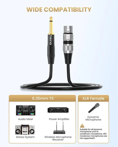 Miniatura 5 de Tisino - Cable de micrófono con conector hembra XLR a conector mono TS de 1/4 (6,35 mm) desequilibrado para micrófono dinámico - 2,01 m/6,6 pies