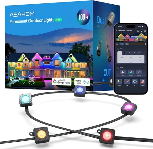 Miniatura 10 de ASAHOM Luces permanentes para exteriores Pro S108B, 100 pies con 72 luces LED RGBCW, WLED integrado, 70lm blanco, efecto dinámico 30000, iluminación